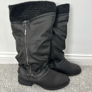 MUK LUKS Women's Size 9 Knee High Black Boots Zip‎ Up 1 Inch Heel Faux Fur Lined